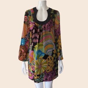 Trina Turk Silk Shanta Mini Retro 70's Inspired Bell Sleeve Printed Mini Dress 4